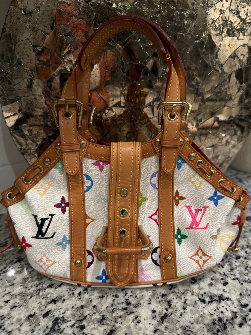 Louis Vuitton White Multicolor Monogram Canvas Shoulder Bag with Tan Trim